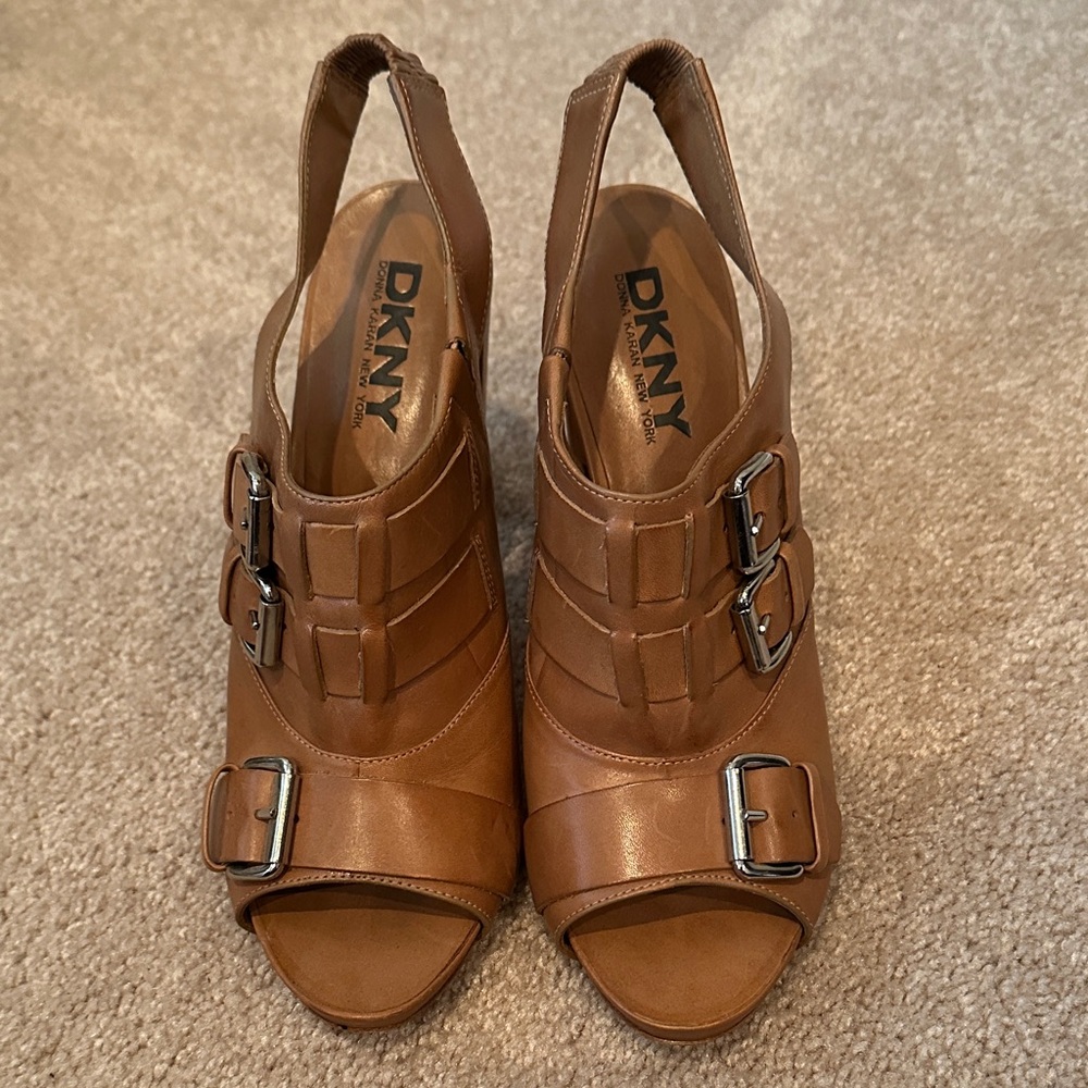 DKNY Brown Peep-Toe Heels with Buckle Detail